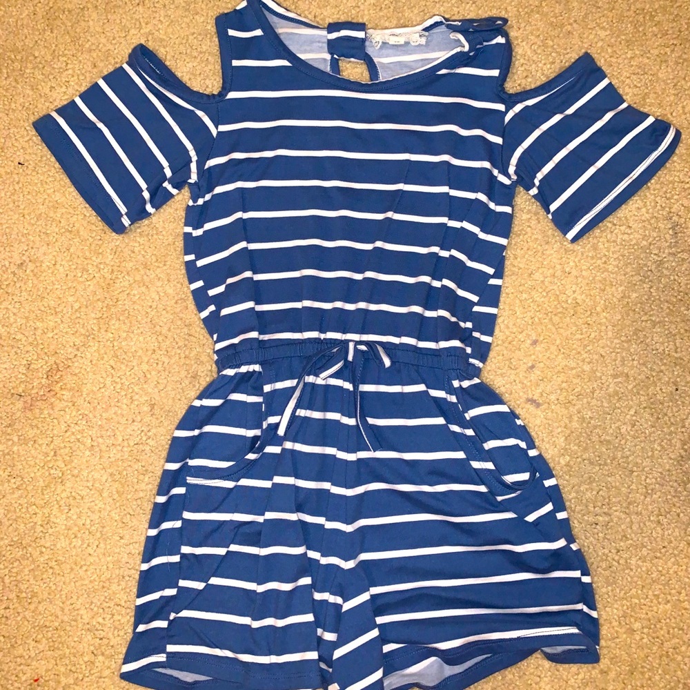 Blue and white striped romper.